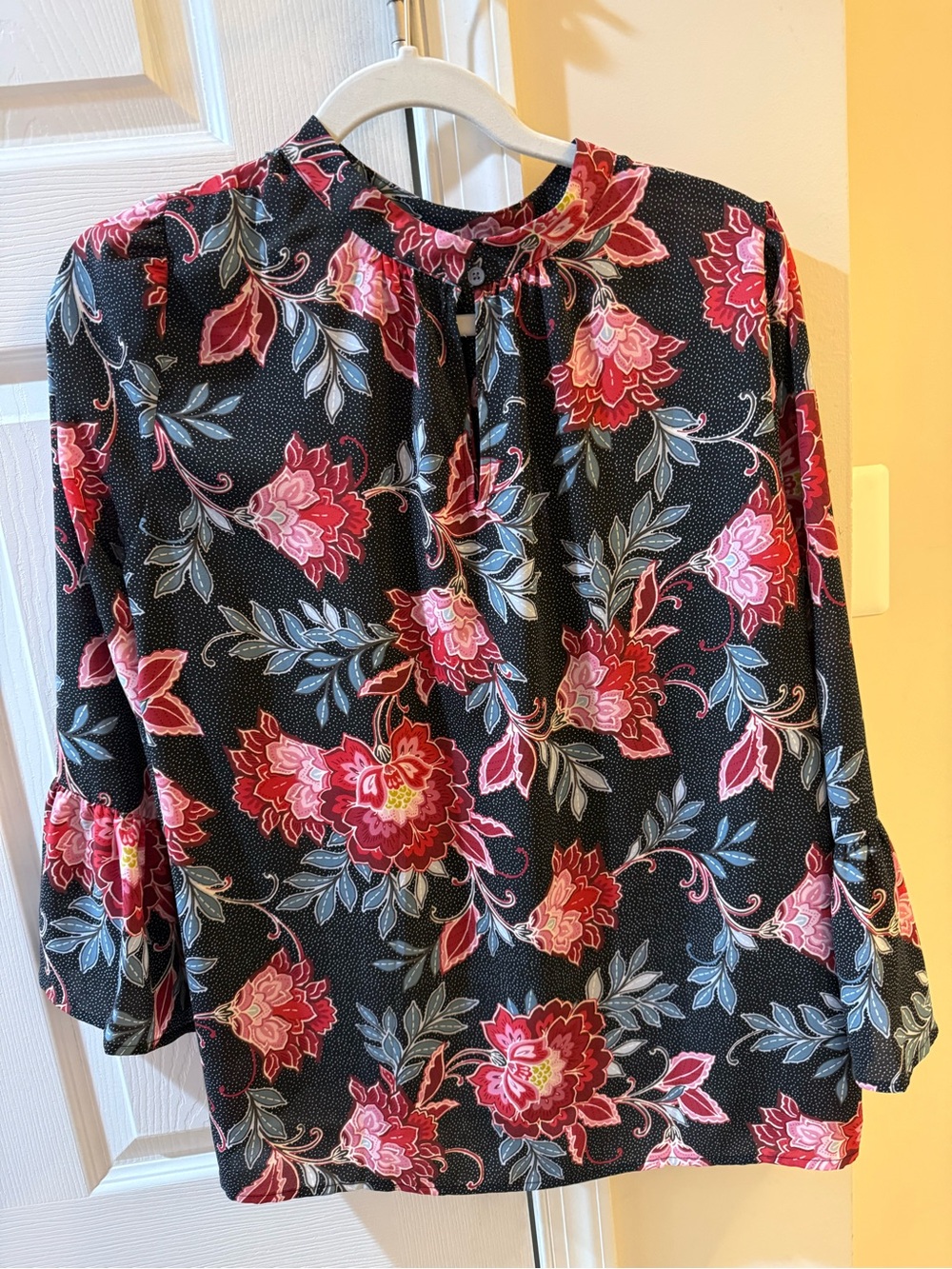 LOFT Black Floral Blouse with Pink and Red Flowers